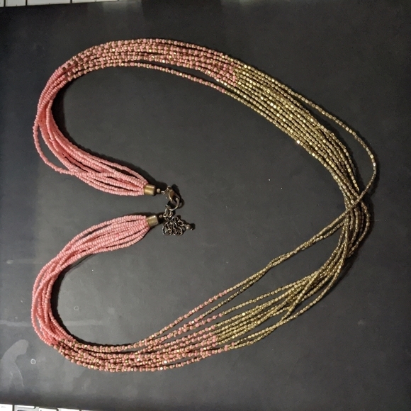 Gold Tone and Pink Beaded Multi Strand Layered Statement Necklace - Picture 1 of 4